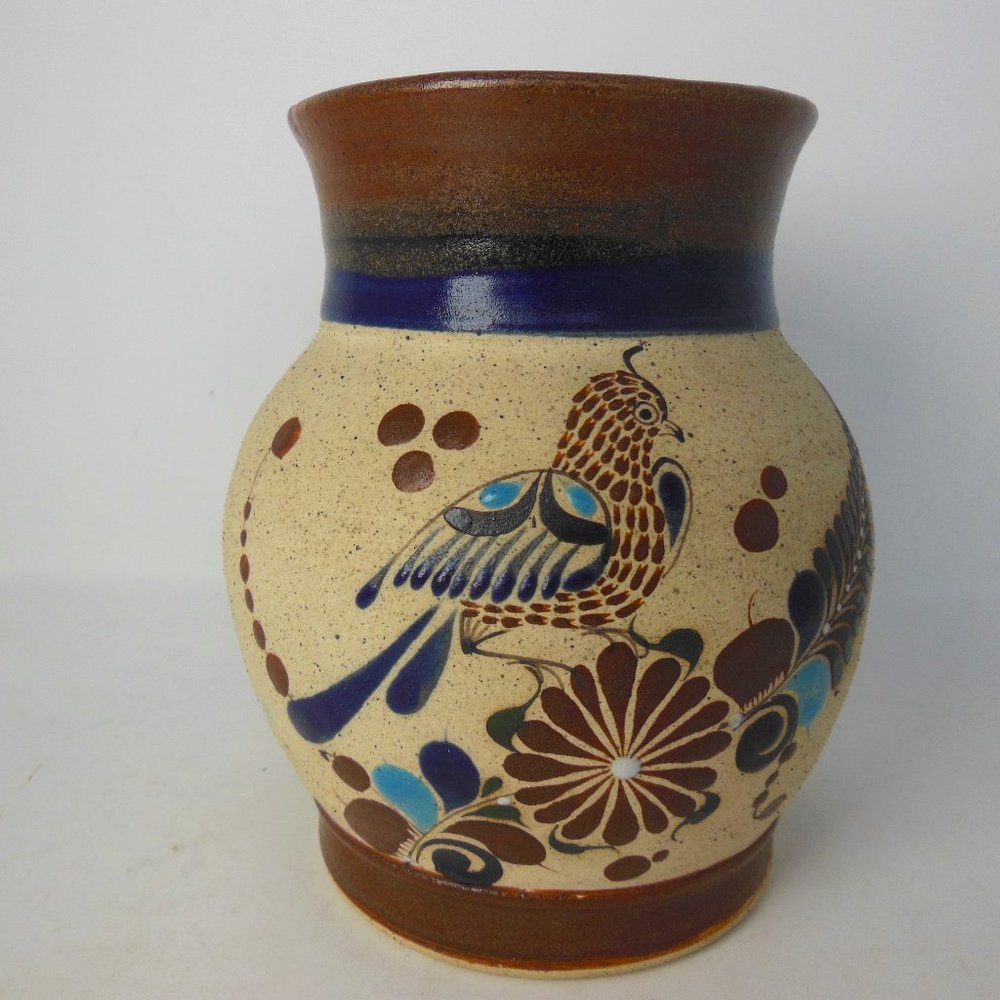 Mexican Tonela style glazed  Pottery Vase Bird, Hand Painted 6 inches tall.